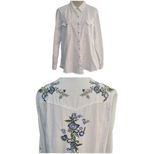 Back In The Saddle Floral Embroidered Denim Shirt XL White Boho Peasant Western